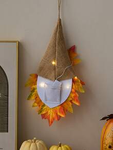 Maple Leaf Door Hanger With Burlap Cap And Light String - Linen Hat Maple Leaf Door Hanger with String Lights - View 7