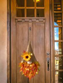 Maple Leaf Door Hanger With Burlap Cap And Light String - Linen Hat Maple Leaf Door Hanger with String Lights - View 2