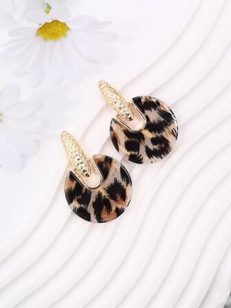 1對ins風格時尚亞克力幾何圓形&豹紋耳環,適合女性日常佩戴