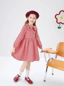 Balabala 少女春秋甜美格紋櫻桃印花彼得潘領襯衫裙，聖誕禮物 - 紅白色 - 查看 1