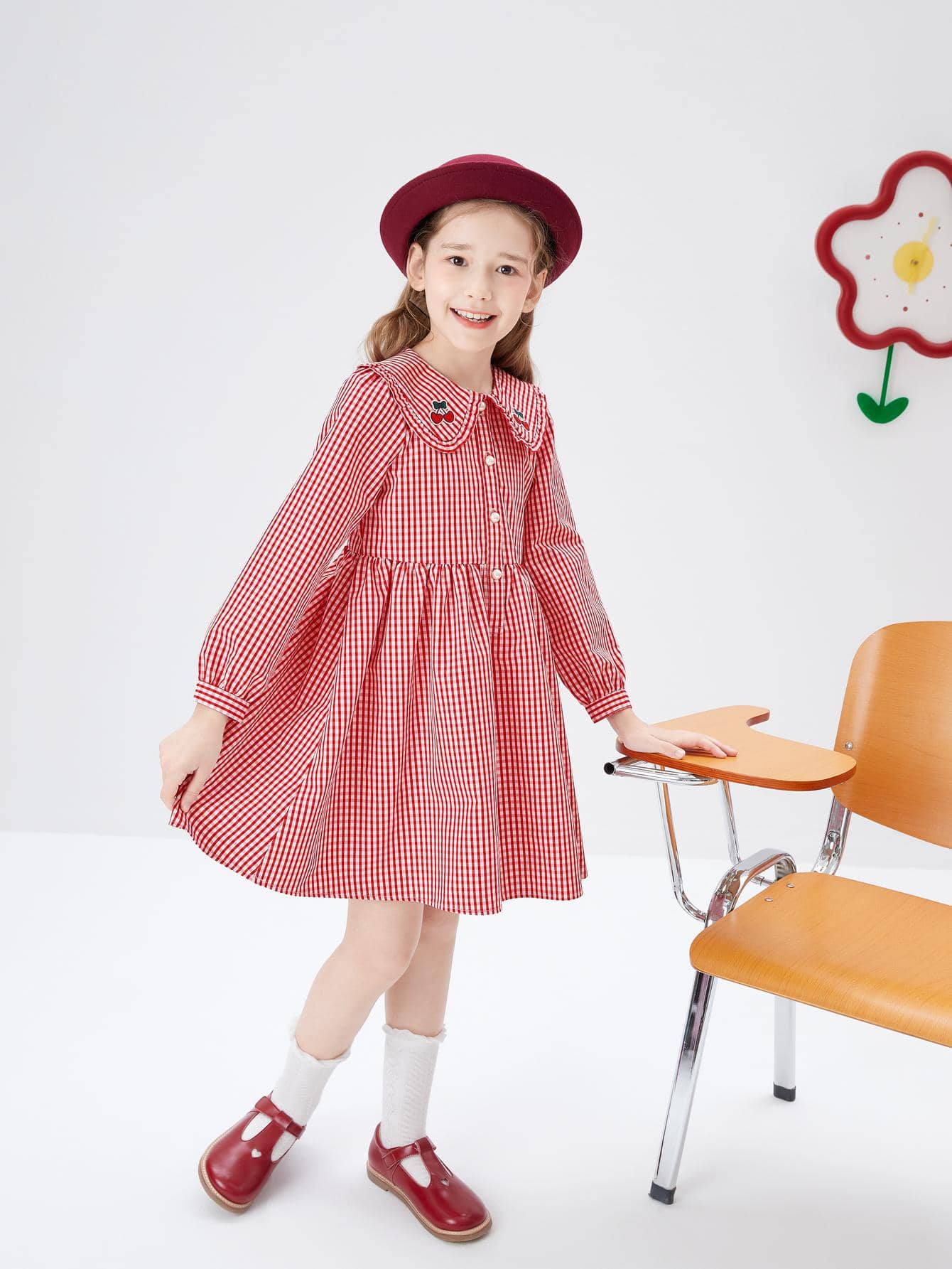 Balabala 少女春秋甜美格紋櫻桃印花彼得潘領襯衫裙，聖誕禮物 - 紅白色 - 查看 1