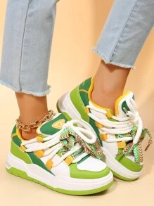 時髦防水台運動鞋帶設計和增加高度,休閒白色鞋適合女士 - 綠色 - 查看 2