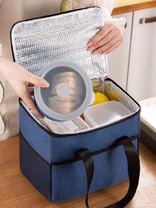 1 件海军蓝 600d 牛津布方形保温午餐袋，带厚铝箔，便携式手持户外便当盒冷藏袋，厨房，圣诞礼物 - 藏青色 - 查看 3