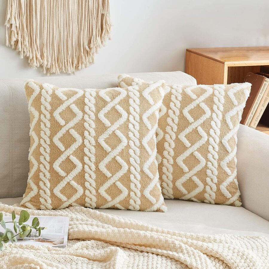 1pc Solid Tan Color Decorative Faux Fur Throw Pillow Cover (Insert Not Included), Soft Fluffy Sheep Wool Square Pattern Cushion Cover, Modern Decor For Sofa, Home, Bedroom, Dorm