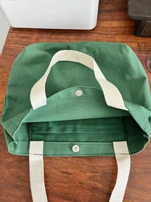 2023新款女士短柄手提袋,時尚野餐食品袋,卡通布料手提包,午餐袋,便當袋 - 墨綠色 - 查看 4