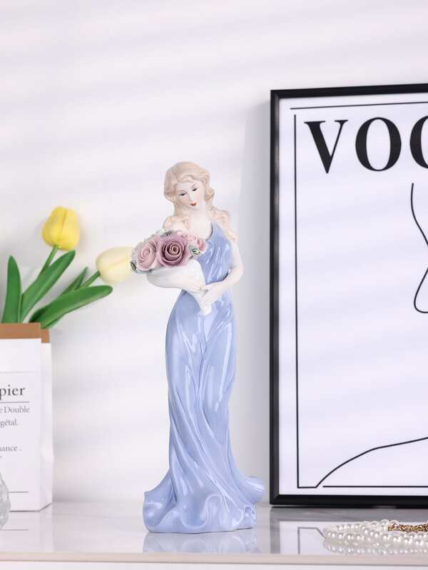1pc High-temperature Ceramic Figure Of Beautiful Lady Holding Flowers Home Decor Ornament, Handmade Craft, Ideal As Gift For Girls' Room
