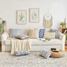 1 vỏ gối nhung kẻ sọc xanh trắng (không bao gồm ruột gối), vỏ gối lông cừu giả mềm mại họa tiết vuông, trang trí hiện đại cho ghế sofa, nhà, phòng ngủ, ký túc xá - Xanh và trắng - Xem 8