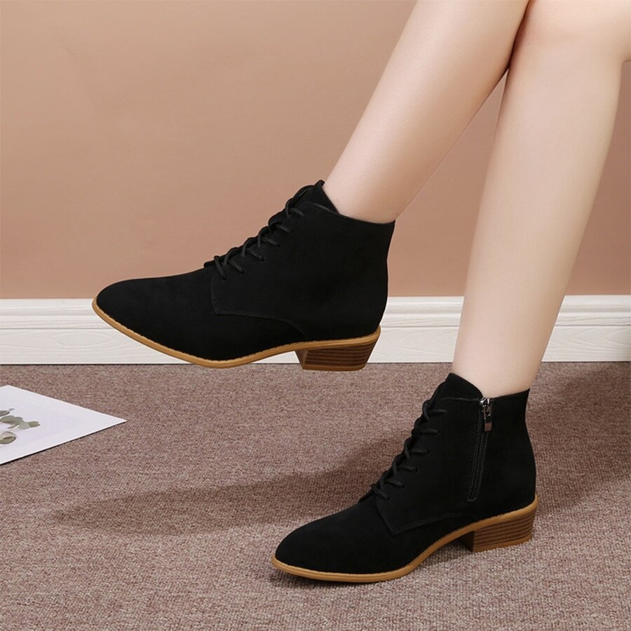 Short Boots For Women Matte Soft Leather Suede Side Zipper Boots For Women Low Heel Flat Casual Lace-Up Round Toe Medium Thick Heel Thin Boots - Black - View 1