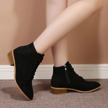 Short Boots For Women Matte Soft Leather Suede Side Zipper Boots For Women Low Heel Flat Casual Lace-Up Round Toe Medium Thick Heel Thin Boots - Black - View 2