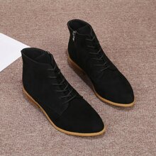 Short Boots For Women Matte Soft Leather Suede Side Zipper Boots For Women Low Heel Flat Casual Lace-Up Round Toe Medium Thick Heel Thin Boots - Black - View 5