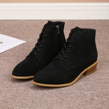 Short Boots For Women Matte Soft Leather Suede Side Zipper Boots For Women Low Heel Flat Casual Lace-Up Round Toe Medium Thick Heel Thin Boots - Black - View 6