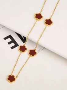 1 Pieza Collar De Colgante De Joyería De Diseño Único, De Estilo Japonés Y Coreano De Acero Inoxidable De Delicada Flor De Cinco Pétalos - Rojo - Ver 1