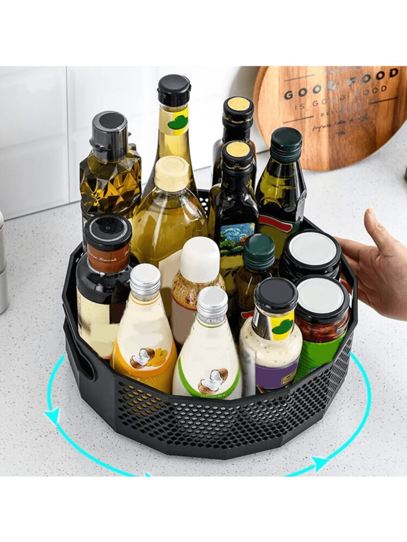 1pc Rotating Storage Box For Kitchen Oil Bottles And Soy Sauce, Drain Rack, Tabletop Desk Organizer - Black - View 1
