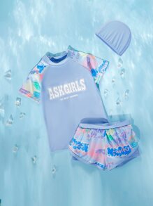 Tween Girl 2pcs/Set Leisure Tankini Set With Swim Cap For Summer Summer Beach - Blue - View 2