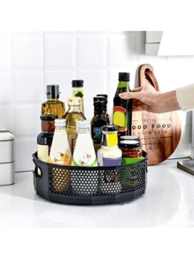 1pc Rotating Storage Box For Kitchen Oil Bottles And Soy Sauce, Drain Rack, Tabletop Desk Organizer - Black - View 2