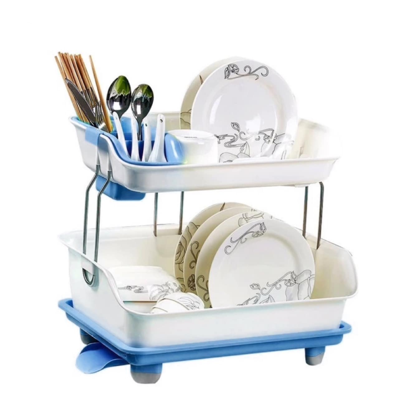 ESCURRIDOR TRASTES PLASTICO 2 NIVELES TARJA FREGADERO COCINA AHORRA ESPACIO DESAGUE - Azul - Ver 1