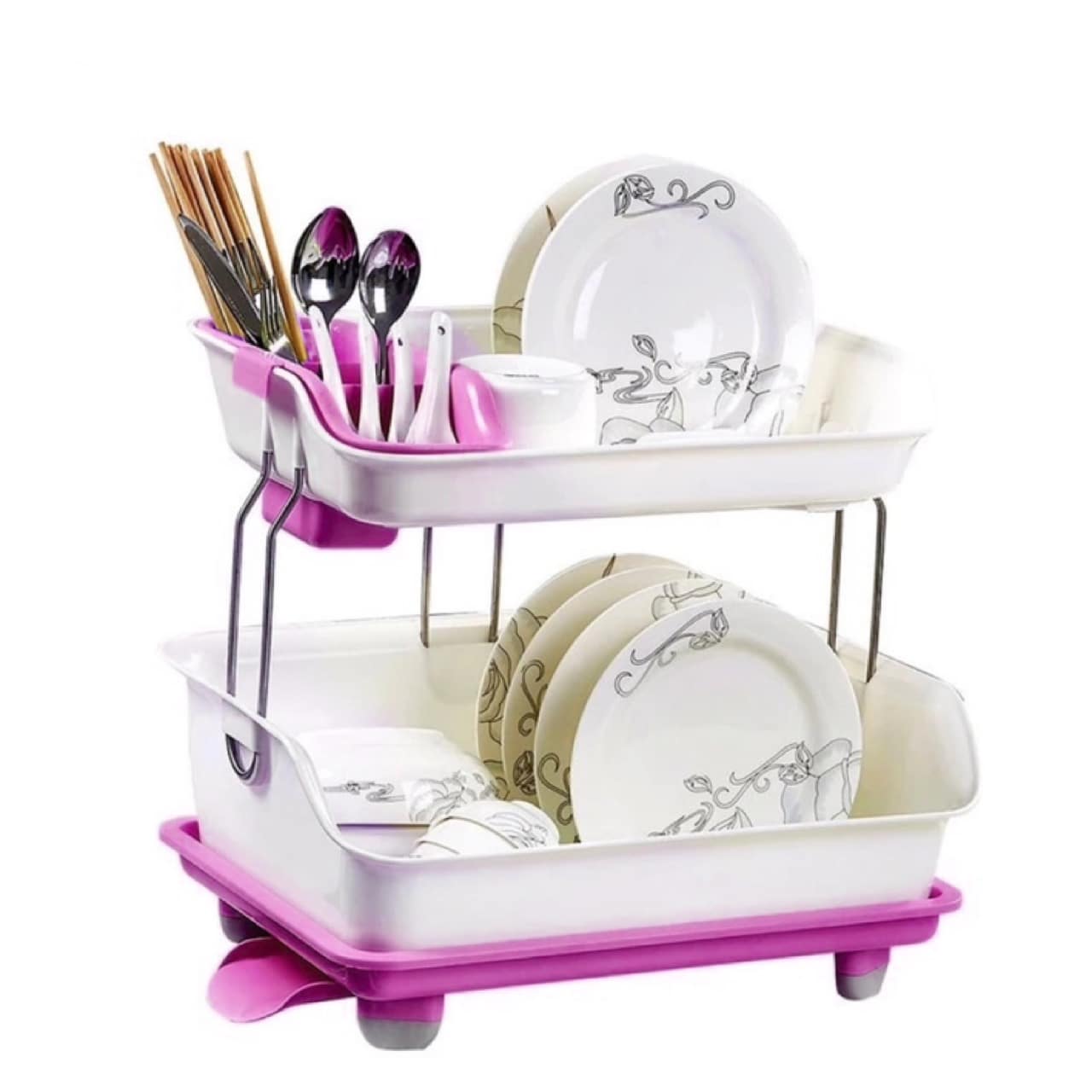 2 LEVEL PLASTIC DISH DRAINER KITCHEN SINK SAVE SPACE DRAIN - Pink - View 1