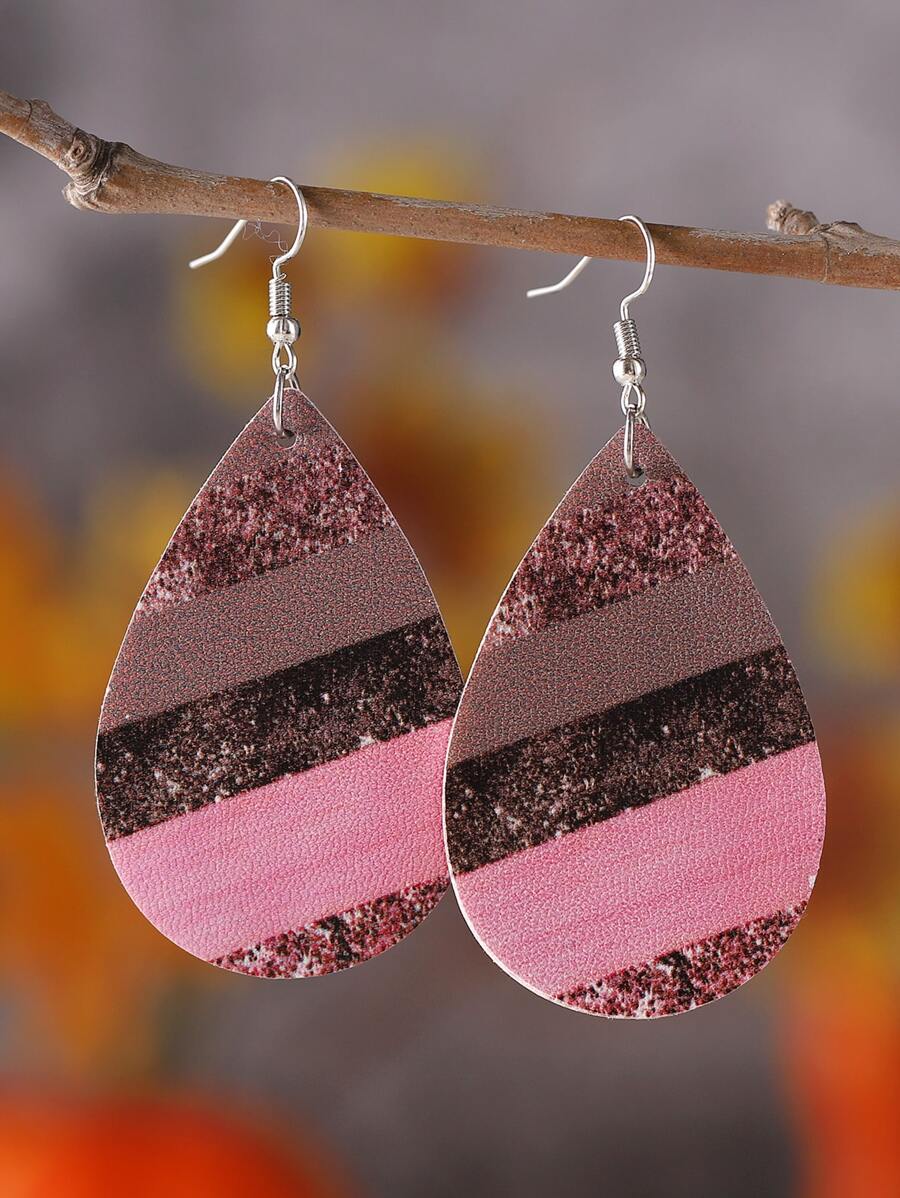 水滴造型PU皮革耳墜兩面粉色條紋圖案輕便鉤耳環 - 粉色 - 查看 1