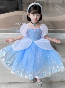 蓝色亮片圣诞派对优雅连衣裙，公主裙适合女孩生日派对、礼物、晚会、婚礼、节日庆典 - 藍色 - 查看 2