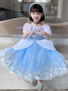 蓝色亮片圣诞派对优雅连衣裙，公主裙适合女孩生日派对、礼物、晚会、婚礼、节日庆典 - 藍色 - 查看 3