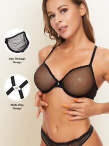 Wingslove Sheer Unpadded Mesh Breathable Bra, Lingerie - Black - View 4