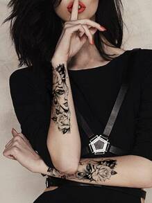 1 件临时纹身，对称肖像和玫瑰设计创意假纹身，多用途男女通用身体艺术临时纹身，适用于手臂、胸部、腹部和背部 - 安全、易于粘贴和去除 - 黑色 - 查看 5