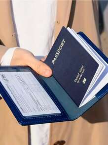 Blue PU Passport Case, Travel Lightweight Passport Card Case, Solid Colour Protetor, Portable Slim ID Card, Bag - Navy Blue - View 1