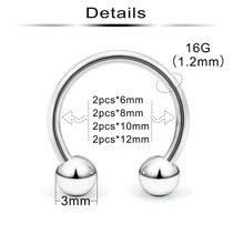 CIZME 1套8入16g經典時尚的不鏽鋼環形馬蹄形鼻環,u形鼻環,隆鼻環,軟骨耳環,唇環,眉環。內徑6mm、8mm、10mm、12mm。 - 銀色 - 查看 2