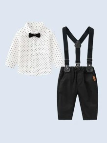 Đứa bé trai In vết tròn Polka Nơ mặt trước Áo liền quần chặt & Tạp dề Quần - Đen và trắng - Xem 5