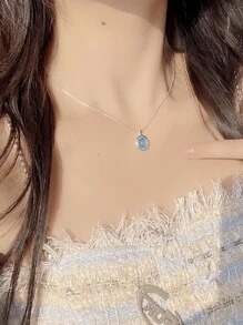 Fashionable Ins Style S925 Pure Silver Sea Blue Gemstone Pendant Necklace Suitable For Daily Wear - Silver - View 1