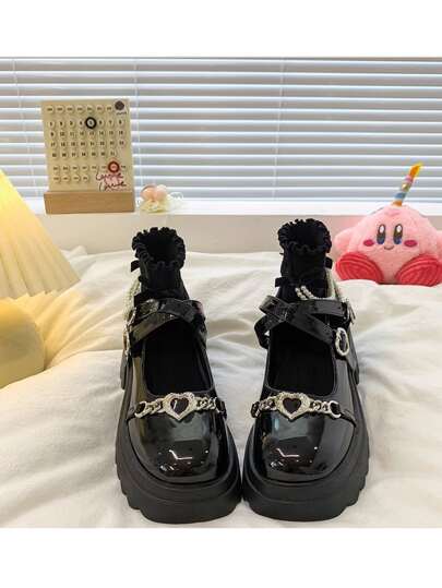 2023 Summer New Sweet-cool Heart Design Mary Jane Shoes, Thick-soled And Increased In Dark Style For Women
