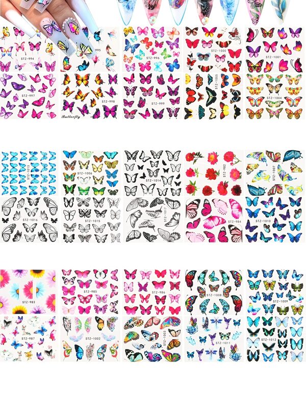 30 pièces Autocollants pour ongles avec motifs de papillons et de fleurs pour la décoration d'art des ongles par transfert à l'eau, accessoires