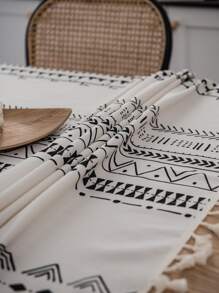 1入黑白幾何圖案桌布,附波希米亞風格流蘇設計,適用於餐桌、咖啡桌,防水且防油污,適用於客廳、餐廳、民宿 - 波西米亞-細條 - 查看 3