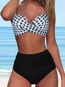 女士比基尼泳装，性感加厚三件套沙滩装，随机花卉印花 - 彩色 - 查看 2