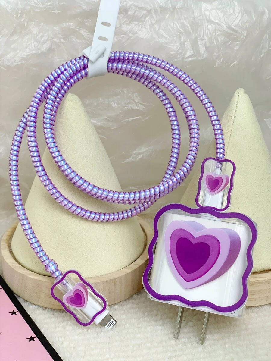 5 cái TPU Tím Love Hình trái tim Bộ bảo vệ cáp dữ liệu Bộ Tương thích với Apple Bộ sạc - Nhiều màu - Xem 1