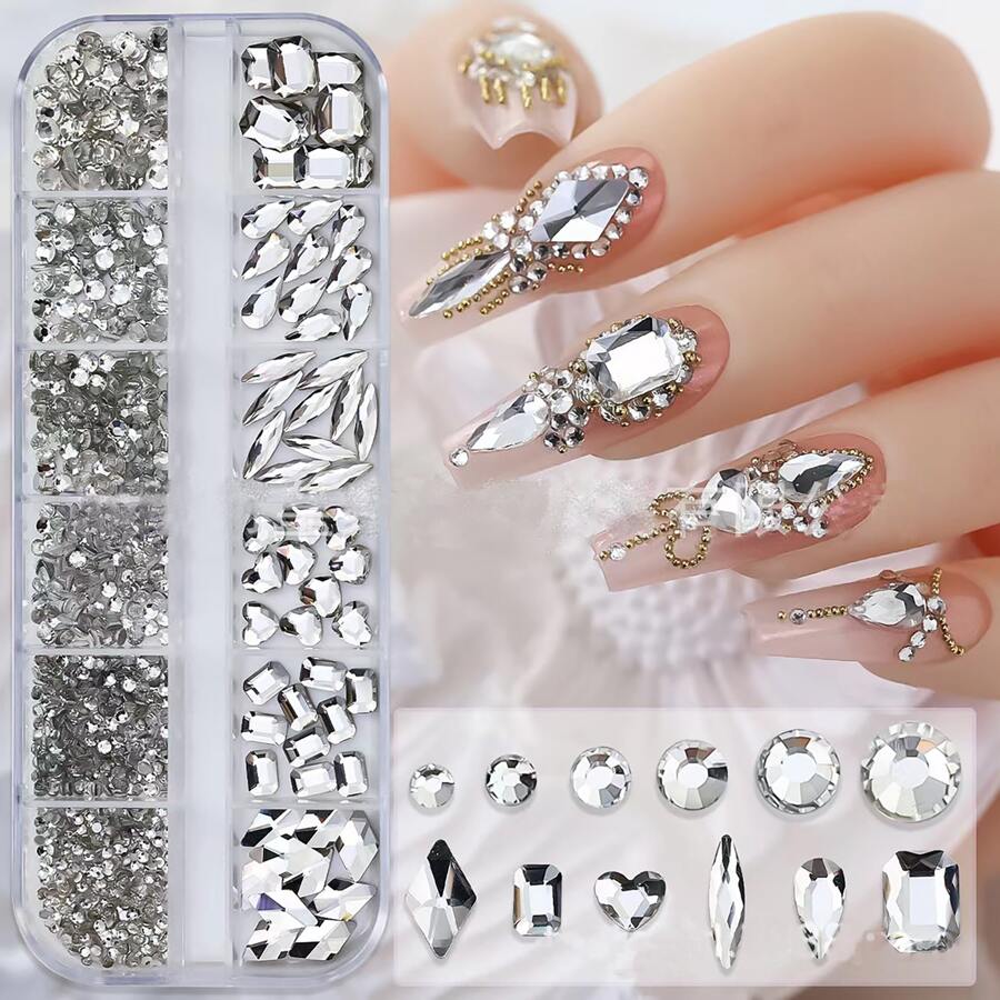 1Box/12Grids White Flat Round & Asymmetric Shaped Nail Art Rhinestones With Mixed Sizes & Sparkling Glass Nail Gems Nail Charms For Women And Girls Daily Manicure Diy Decoration Nail Supplies Nails