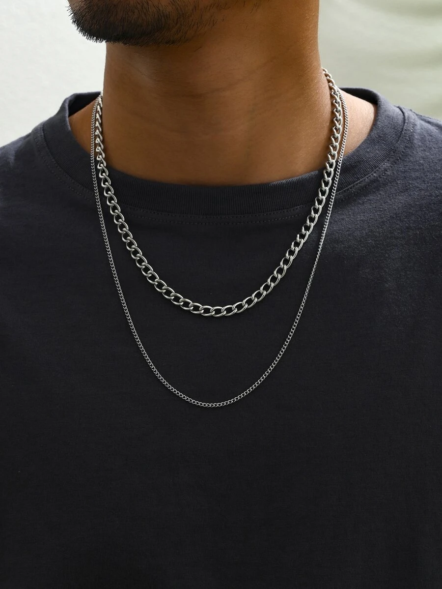 2 pcs Fashion Style Chain Set Necklace for Men's Daily Wear - Silver - View 1
