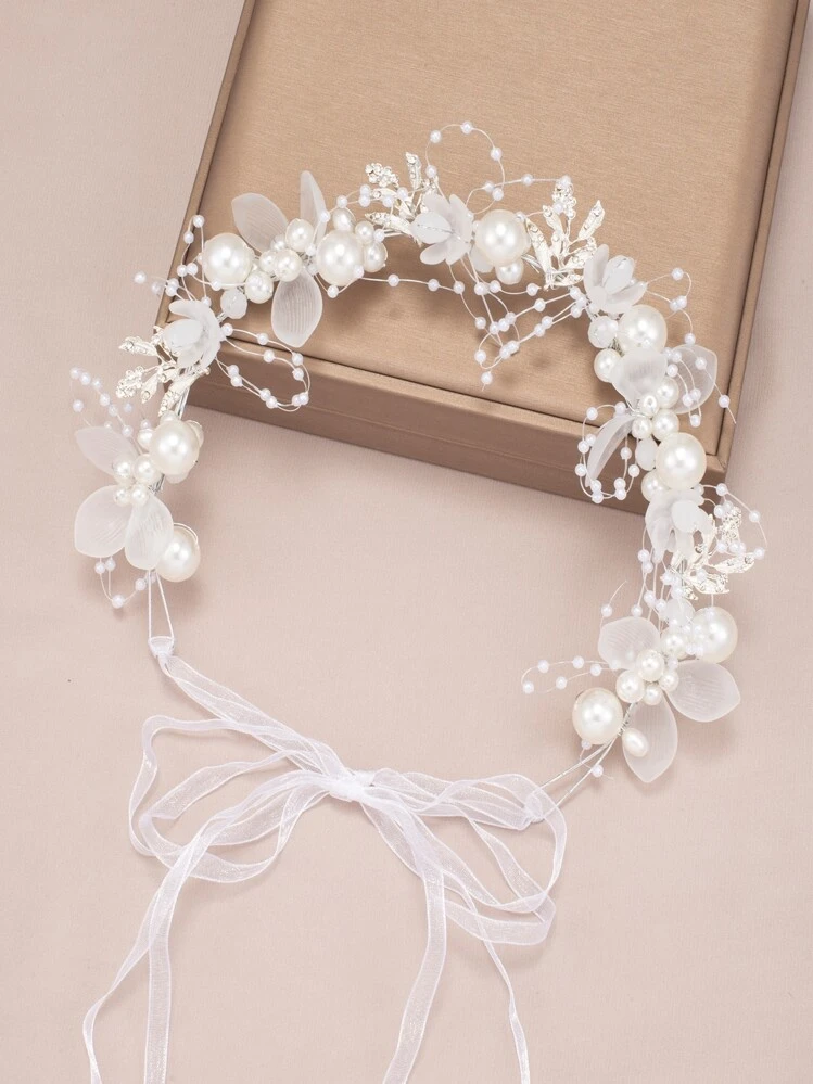 1 Stück Silberner Kristall Braut Haarschmuck im Mori-Stil mit Perlenblume Haarband für Hochzeit, Party, elegante Tiara, Valentinstag Accessoire - Silber - Übersicht 3
