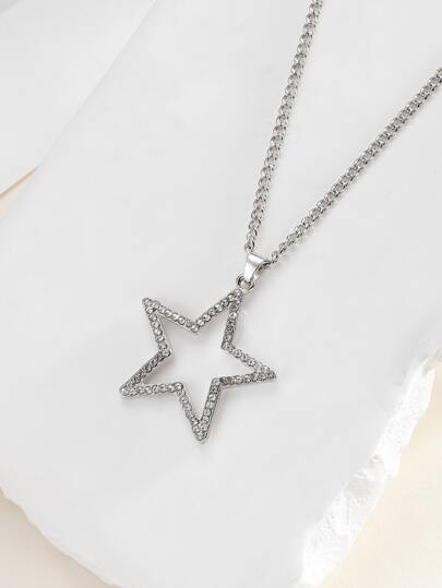 1pc Korean Style Pentagonal Star Shape Rhinestone Decor Women's Long Pendant Necklace For Couple