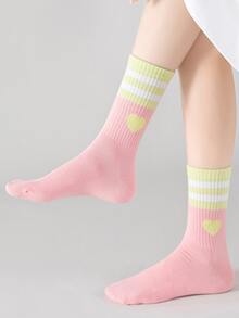 5對/組女孩彩色卷口時尚心形圖案袜子,保暖、多功能,適合返校穿搭 - 彩色 - 查看 5