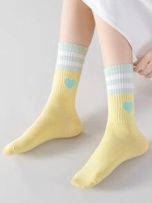 5對/組女孩彩色卷口時尚心形圖案袜子,保暖、多功能,適合返校穿搭 - 彩色 - 查看 2