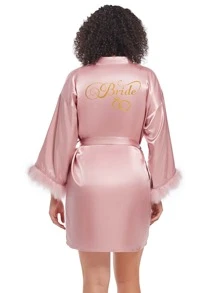 Bride And Diamond Design Gold Print Cuff Turkey Feather Imitated Silk Satin Kimono Robe, Short - Baby Pink - View 1