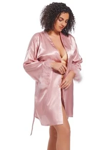 Bride And Diamond Design Gold Print Cuff Turkey Feather Imitated Silk Satin Kimono Robe, Short - Baby Pink - View 3