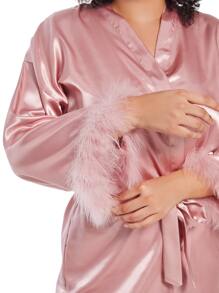 Bride And Diamond Design Gold Print Cuff Turkey Feather Imitated Silk Satin Kimono Robe, Short - Baby Pink - View 5