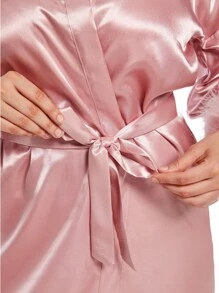 Bride And Diamond Design Gold Print Cuff Turkey Feather Imitated Silk Satin Kimono Robe, Short - Baby Pink - View 4