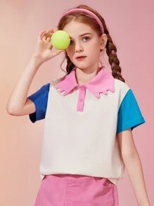 Mädchen T-Shirt mit Farbblock, Polo Kragen
