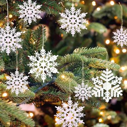 30 件圣诞白色雪花饰品塑料闪光雪花饰品适用于冬季圣诞树装饰尺寸各异的工艺雪花，圣诞节