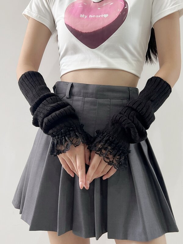 1pair Women's Lace Arm Sleeves Gloves, White/black, For Yk2 Dressup