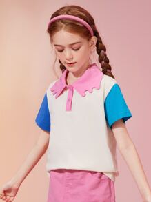 Mädchen T-Shirt mit Farbblock, Polo Kragen