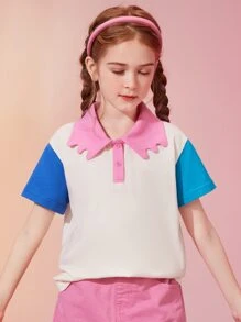 Mädchen T-Shirt mit Farbblock, Polo Kragen